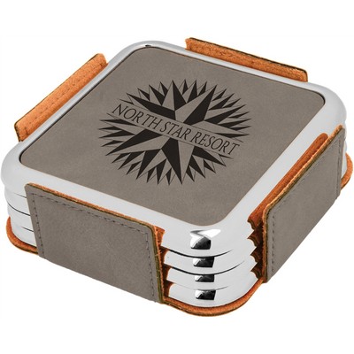 3 7/8" Square Coaster w/Silver Edge Gray Leather Coaster Set