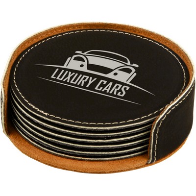 Round Coaster Set - Leatherette - Black/Engraves Silver