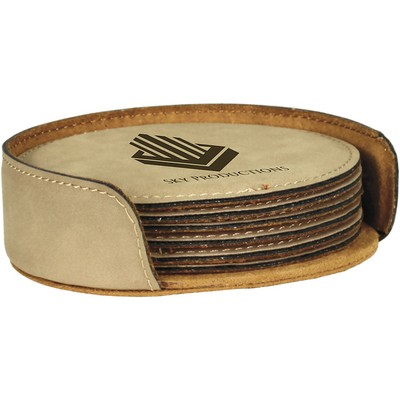 Round Leatherette 6-Coaster Set (Light Brown)