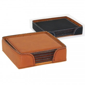 Suave™ Square Lasered Coaster w/Holder (Set of 6)