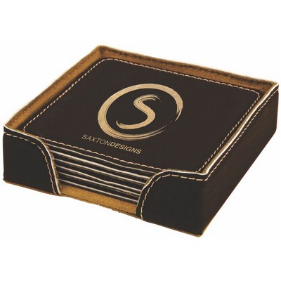 Square Coaster Set - Leatherette - Black/Engraves Gold
