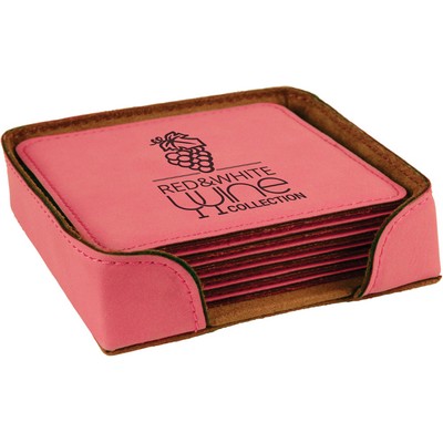 Coaster Set - Leatherette - Pink/Engraves Black