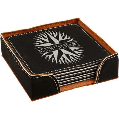 Square Coaster Set - Leatherette - Black/Engraves Silver